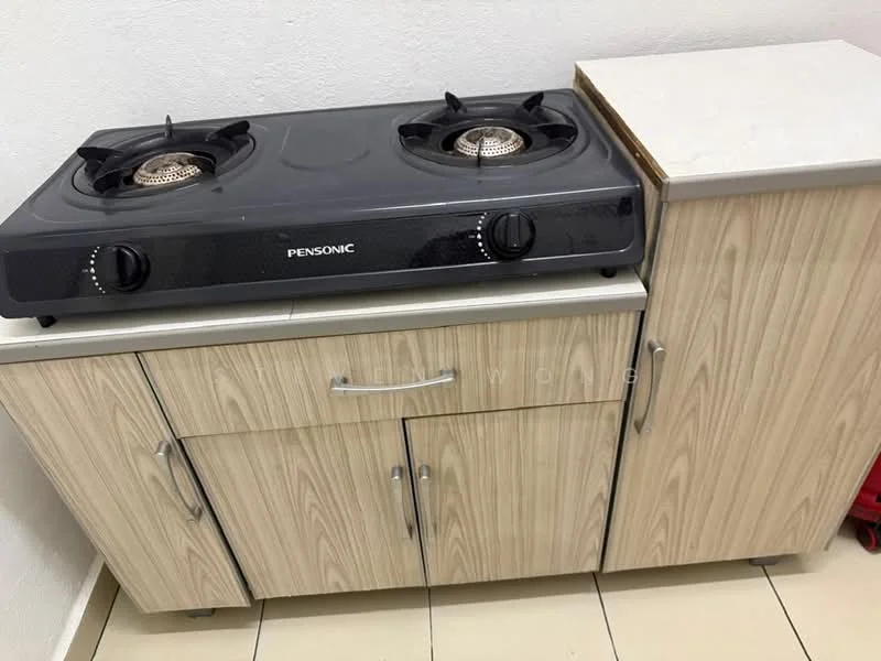 Kitchen features: gas stove with two burners, black glass cooktop, wooden cabinetry, light wood finish, countertop with white surface, two cabinet doors, one drawer, tile flooring; style: modern.