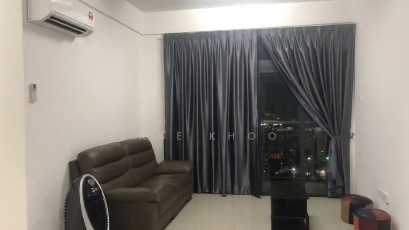 Living features: grey fabric 3-seater sofa, black coffee table, floor-to-ceiling windows, grey curtains, wall-mounted split AC, light-colored laminate flooring, decorative wall, city view; style: modern; view: city.