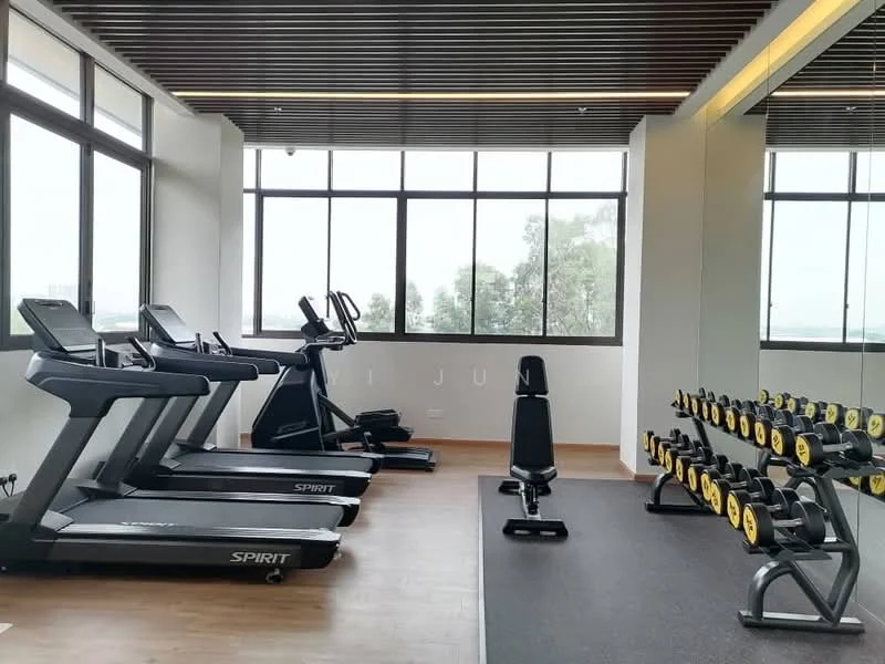 Gym features: treadmill, elliptical machine, stationary bike, weight bench, dumbbells with yellow weights, mirrored wall, large windows, wooden flooring, ceiling with wooden slats, recessed lighting; style: modern; view: city.