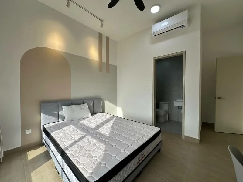 Bedroom features: queen-size bed, upholstered headboard, wall-mounted split AC, recessed downlights, ceiling fan, light grey painted walls, tile flooring, window with natural light, built-in wardrobe, en-suite bathroom visible; style: modern.