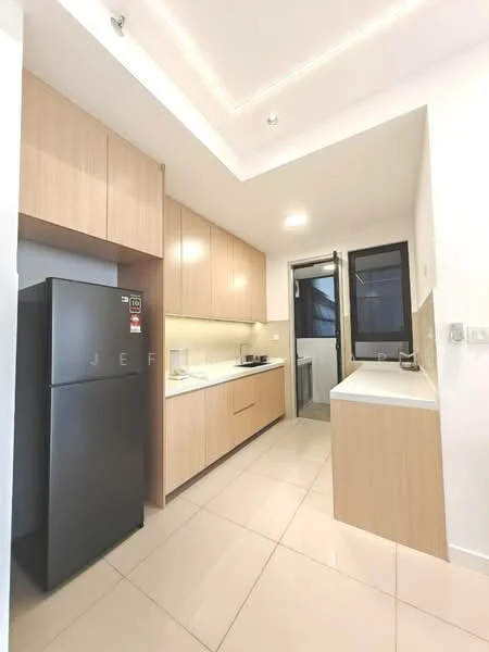 Kitchen features: black fridge, light wood cabinetry, white countertop, undermount sink, chrome faucet, wall-mounted cabinets, tile backsplash, recessed lighting, window with view, ceramic tile flooring, open layout; style: modern.
