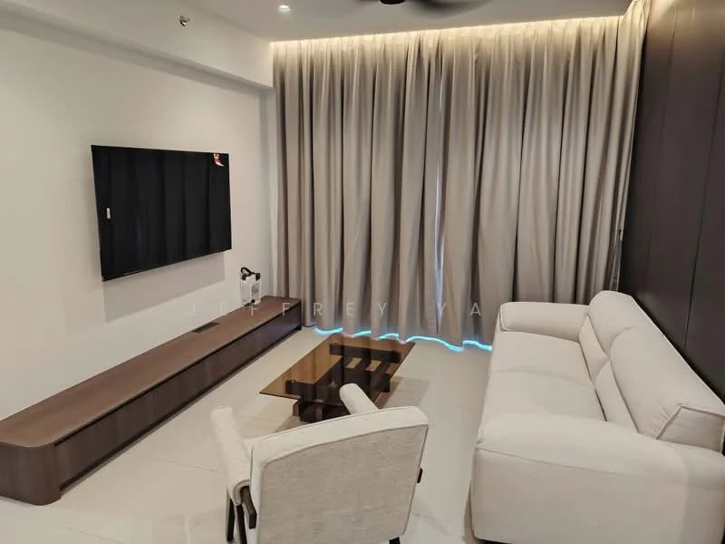Living features: white painted walls, light-colored flooring, sofa in white fabric, coffee table with wooden top, TV mounted on wall, wooden TV console, floor-to-ceiling curtains in light fabric, recessed downlights, LED strip lighting behind curtains, ceiling fan; style: modern.