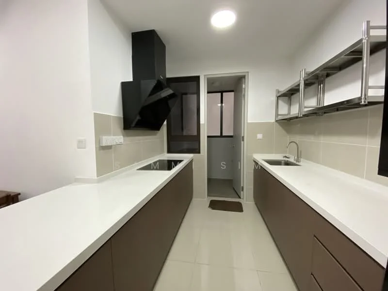 Kitchen features: white quartz countertop, brown cabinetry, stainless-steel sink, chrome pull-down faucet, built-in oven, stainless-steel range hood, ceramic tile flooring, wall-mounted cabinets, open shelving, window with view to hallway, recessed downlights; style: modern.