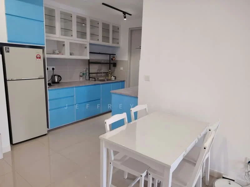 Kitchen features: blue cabinetry, grey countertop, stainless-steel fridge, built-in shelving, ceramic tile flooring, white walls, recessed downlights, dining table with four chairs, kettle, coffee machine; style: modern.