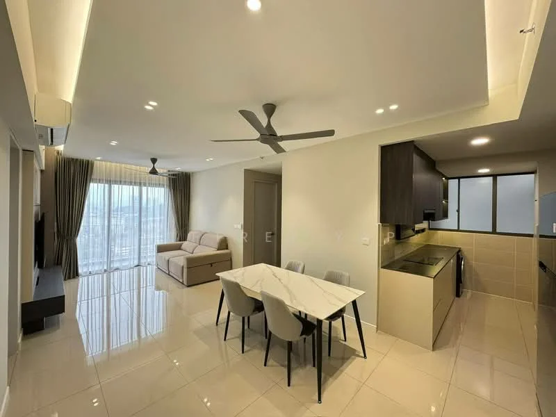 Living features: 3-seater fabric sofa in beige, coffee table, wall-mounted TV, floor-to-ceiling windows, sheer curtains, 5-blade ceiling fan with light, recessed LED downlights, polished tile flooring, decorative wall panel, TV console; style: modern; view: city. Kitchen features: single-bowl stainless-steel sink, chrome pull-down faucet, laminate countertop, flat-panel cabinetry in dark wood, built-in oven, ceramic cooktop, refrigerator, window for natural light; style: modern.