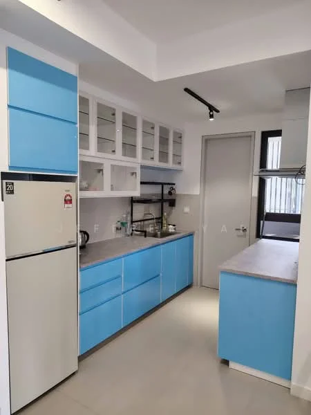 Kitchen features: blue cabinetry, white upper cabinets with glass fronts, grey countertop, stainless-steel fridge, built-in oven, kitchen island, open shelving, single-bowl stainless-steel sink, chrome pull-down faucet, recessed downlights, tile flooring, window with view to outside; style: modern.