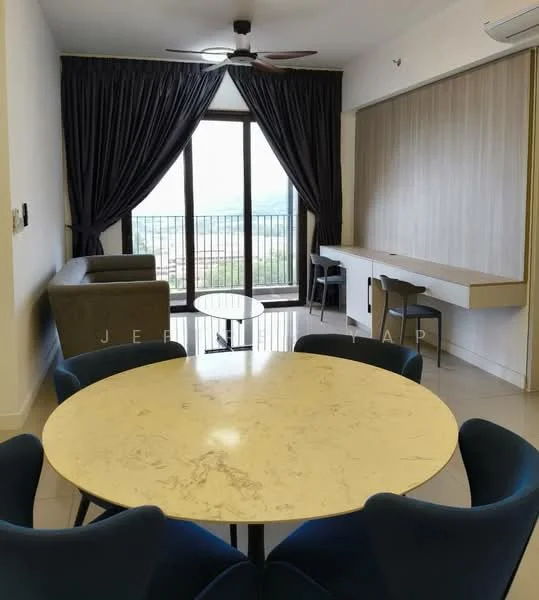 Dining features: round marble dining table, 4 upholstered dining chairs in blue, floor-to-ceiling windows, curtains in dark fabric, light-colored wall paneling, white tiled flooring, ceiling fan, wall-mounted air conditioning unit; style: modern; view: city. Living features: fabric sofa in green, wall-mounted shelf, decorative wall panel, open space layout; style: modern; view: city.