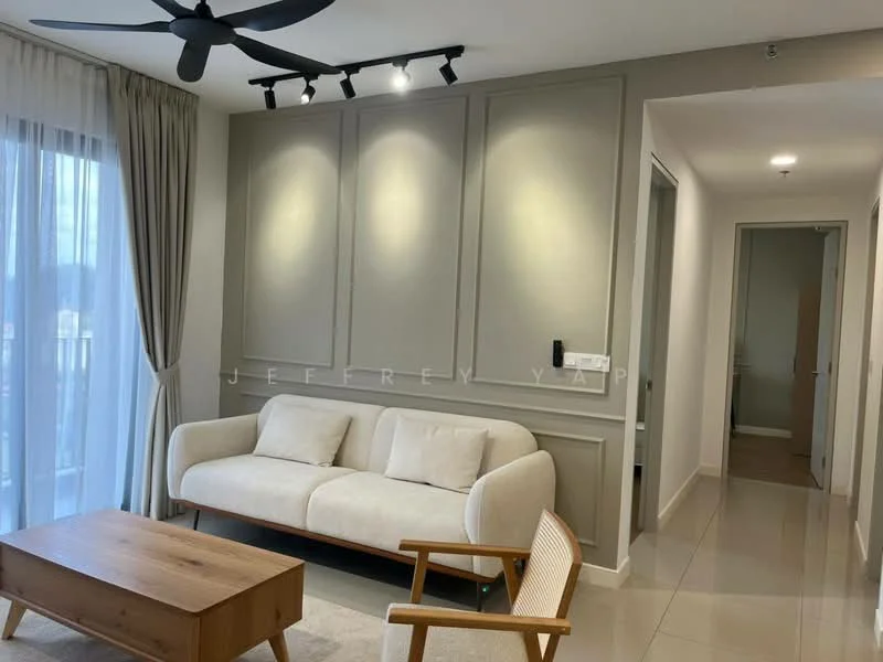 Living features: 3-seater fabric sofa in cream, wooden coffee table, wall-mounted lighting fixtures, grey accent wall, white painted walls, floor-to-ceiling windows with sheer curtains, glossy tile flooring, ceiling fan with integrated LED light; style: modern; view: city.