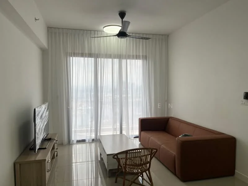 Living features: 3-seater leather sofa in brown, coffee table, wall-mounted TV, TV console, floor-to-ceiling windows, sheer curtains, 5-blade ceiling fan with light, polished tile flooring, decorative wall, area rug; style: modern; view: city.