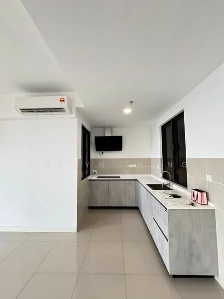 Kitchen features: L-shaped kitchen layout, grey cabinetry, white countertop, single-bowl stainless-steel sink, chrome pull-down faucet, built-in oven, stainless-steel range hood, wall-mounted split AC, tile flooring, large windows, black-framed windows, recessed downlights; style: modern.