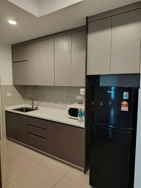 Kitchen features: grey cabinetry, white quartz countertop, single-bowl stainless-steel sink, chrome pull-down faucet, built-in microwave, black fridge, ceramic tile flooring, recessed LED downlights, wall-mounted cabinets, tile backsplash; style: modern.