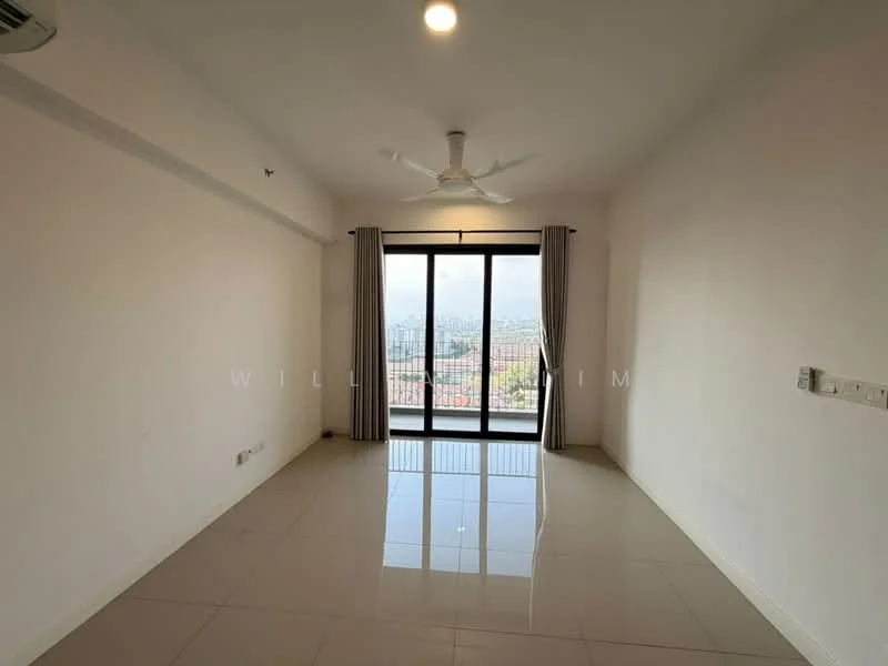 Living features: white painted walls, glossy ceramic tile flooring, 5-blade ceiling fan with light, floor-to-ceiling windows, curtains, wall-mounted air conditioning unit, neutral color scheme, city view; style: modern; view: city.