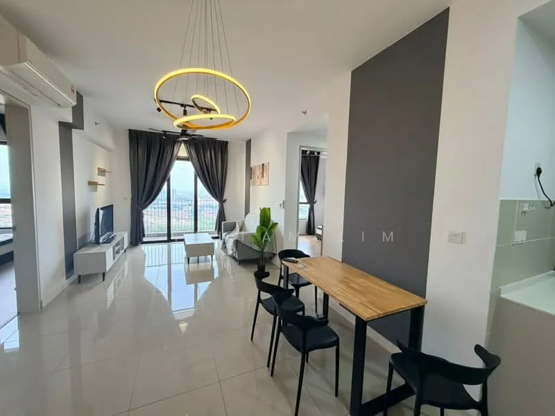 Living features: floor-to-ceiling windows, grey accent wall, white painted walls, polished ceramic tile flooring, 3-blade ceiling fan, chandelier, sofa in white fabric, TV console, wall-mounted TV, coffee table, dining table with wooden top, 4 black dining chairs, decorative plant, curtains in dark grey; style: modern; view: city. Kitchen features: white cabinetry, stainless-steel sink, chrome pull-down faucet, ceramic tile backsplash, built-in oven, freestanding range oven, microwave, refrigerator; style: modern.