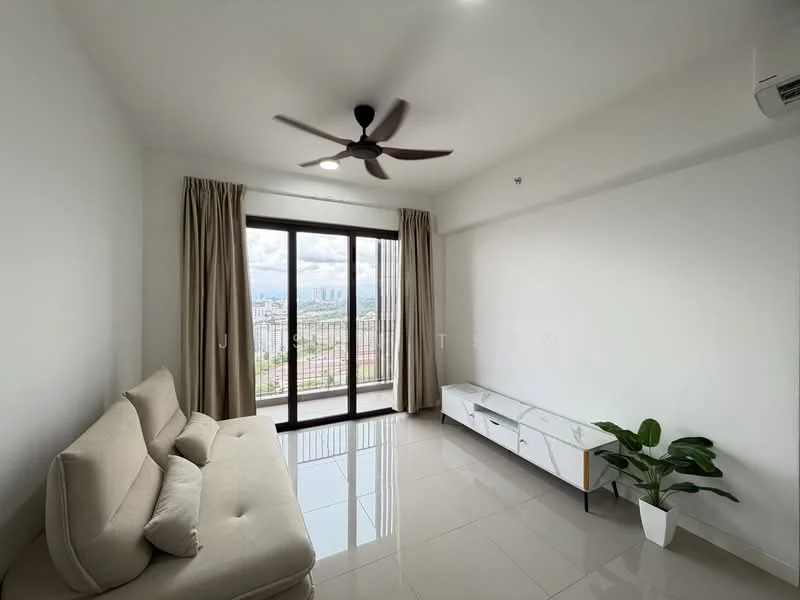 Living features: light grey fabric sofa, white TV console with drawers, large floor-to-ceiling windows, sliding glass door, beige curtains, ceiling fan with light, glossy white tile flooring, indoor plant in ceramic pot, white painted walls; style: modern; view: city.