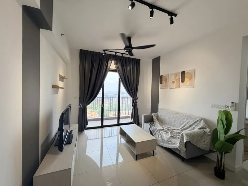Living features: grey fabric sofa, coffee table, wall-mounted TV, floor-to-ceiling windows, blackout curtains, 5-blade ceiling fan with light, glossy tile flooring, decorative wall art, indoor plant; style: modern; view: city.