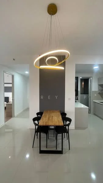 Dining features: wooden dining table with black legs, 4 black dining chairs, pendant light fixture with circular design, grey accent wall, white painted walls, glossy tile flooring, open layout to kitchen, recessed lighting; style: modern. Room features: white painted walls, glossy tile flooring.