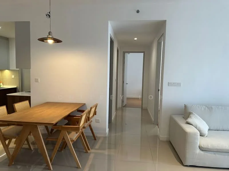 Dining features: wooden dining table, 4 wooden dining chairs, pendant light fixture, white painted walls, glossy tile flooring, open layout to kitchen, natural light from adjacent room; style: modern. Hallway features: white painted walls, glossy tile flooring, doorway leading to other rooms.