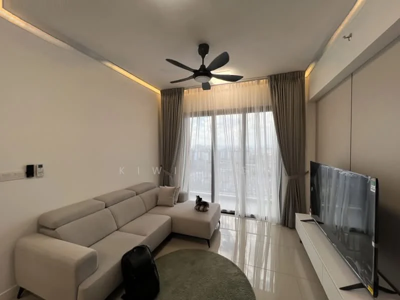 Living features: 3-seater fabric sofa in light grey, round area rug in green, wall-mounted TV, ceiling fan with 5 blades, floor-to-ceiling windows, sheer curtains, recessed LED lighting, polished tile flooring, decorative wall paneling; style: modern; view: city.