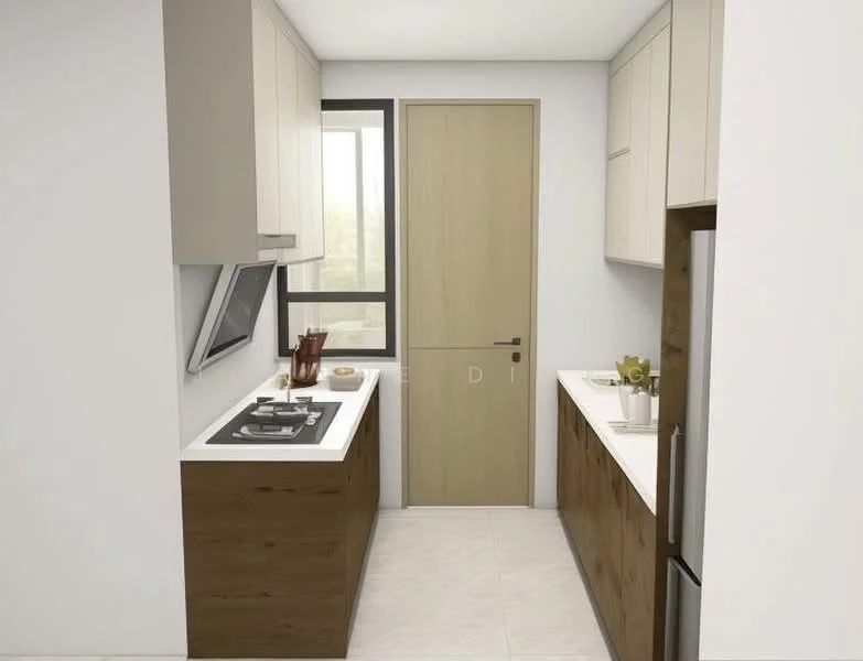 Kitchen features: white cabinetry with flat-panel doors, brown lower cabinets, white countertop, built-in gas hob, stainless-steel range hood, single-bowl stainless-steel sink, window with view, light-colored wall tiles, ceramic tile flooring, refrigerator, door leading to another space; style: modern.