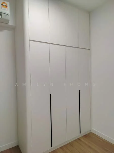 Room features: white cabinetry, built-in wardrobe with sliding doors, black handles, wooden flooring, wall-mounted air conditioning unit; style: modern.