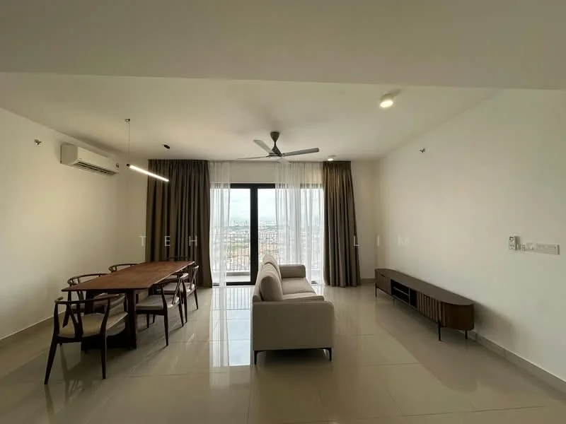 Living features: 3-seater fabric sofa in light grey, wooden coffee table, TV console in wood finish, floor-to-ceiling windows, sheer curtains, dark curtains, 5-blade ceiling fan with light, recessed downlights, cream painted walls, glossy tile flooring, dining table with wooden chairs; style: modern; view: city.