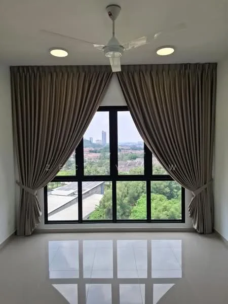 Room features: large floor-to-ceiling windows, grey curtains, white walls, polished tile flooring, ceiling fan with light, recessed ceiling lights, city view, greenery view; style: modern; view: city.