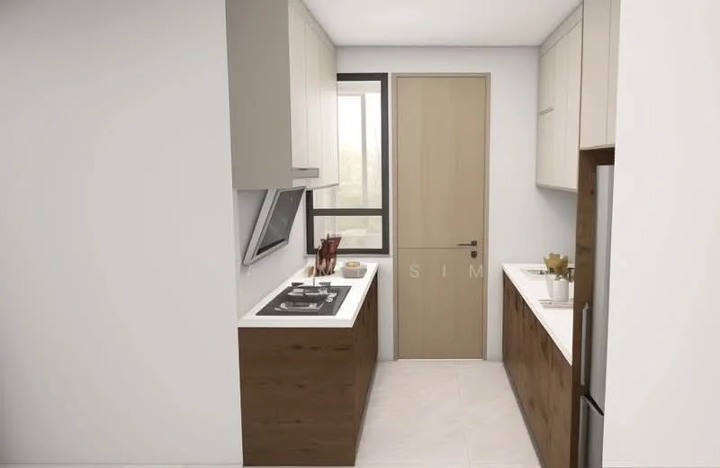 Kitchen features: white painted walls, light wood cabinetry, stainless-steel fridge, built-in oven, 4-burner gas hob, white countertop, single-bowl stainless-steel sink, window with view, tile flooring, door leading to another room; style: modern.