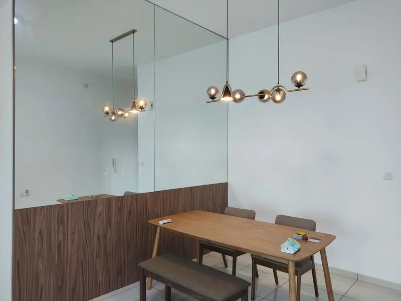 Dining features: wood dining table, upholstered bench seating, 4 dining chairs, modern pendant light fixture, mirrored wall, white painted walls, ceramic tile flooring; style: modern.