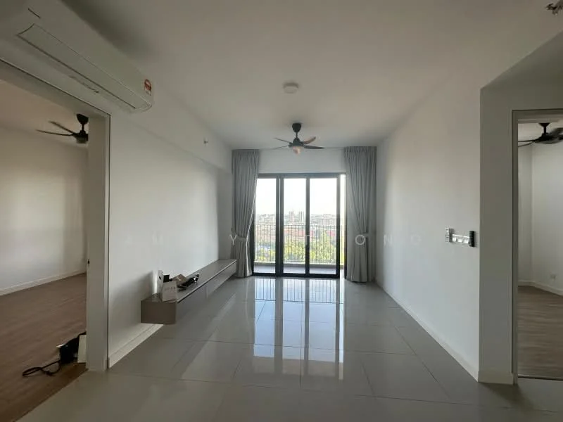 Living features: white painted walls, tile flooring, 5-blade ceiling fan with light, floor-to-ceiling windows, curtains, wall-mounted TV console, mirror, natural light, open layout; style: modern; view: city. Room features: wooden flooring, 5-blade ceiling fan, natural light.