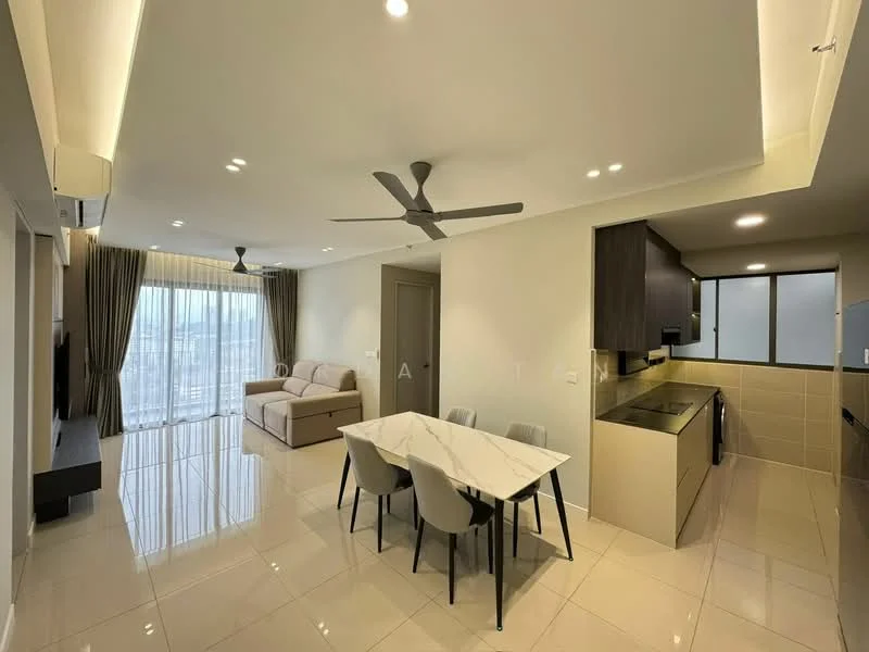 Living features: 3-seater fabric sofa in light beige, coffee table with marble top, wall-mounted TV, TV console, floor-to-ceiling windows with sheer curtains, 5-blade ceiling fan with light, recessed downlights, cream painted walls, glossy tile flooring, curtains, dining table with marble top and 4 upholstered chairs, kitchen island with sink; style: modern; view: city.