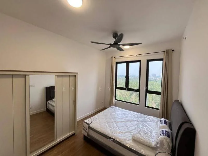 Bedroom features: queen-size bed, upholstered headboard, 2 bedside lamps, built-in wardrobe with sliding doors, floor-to-ceiling windows, curtains, wooden flooring, 5-blade ceiling fan with light, view of greenery; style: modern; view: garden.