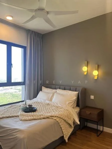 Bedroom features: king-size bed with grey upholstered headboard, white bedding with textured throw blanket, nightstand with drawer, wall-mounted reading lights, floor-to-ceiling window, curtains, wooden flooring, ceiling fan with light; style: modern; view: garden.