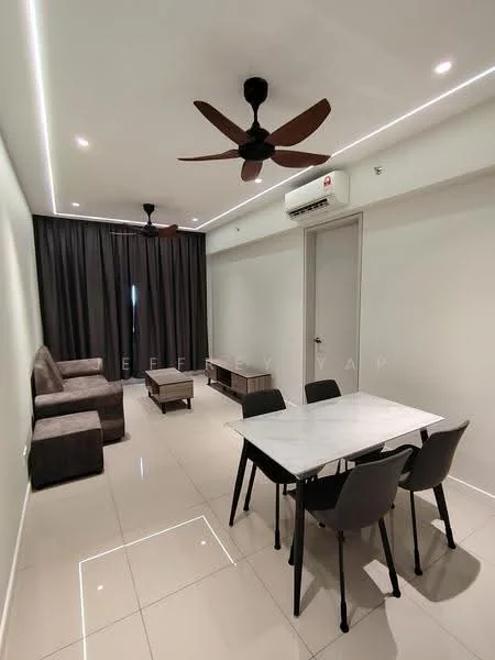 Living features: 3-seater fabric sofa in grey, 2-seater fabric sofa in brown, marble dining table, 4 black dining chairs, floor-to-ceiling windows with blackout curtains, recessed LED downlights, 5-blade ceiling fan, wall-mounted split AC, glossy tile flooring, neutral painted walls, decorative wall paneling, area rug; style: modern.