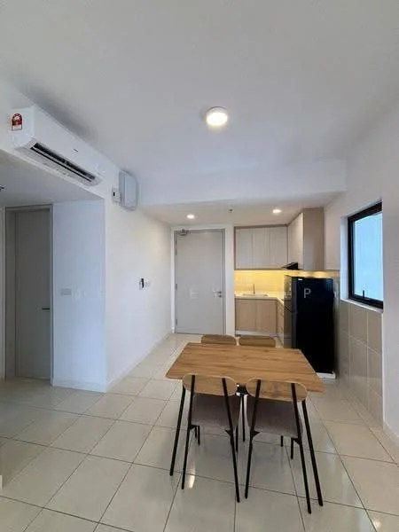 Kitchen features: white painted walls, tile flooring, recessed downlights, kitchen cabinetry with light wood finish, black fridge, single-bowl stainless-steel sink, chrome pull-down faucet, countertop with under-cabinet lighting, dining table with four chairs, wall-mounted split AC; style: modern.