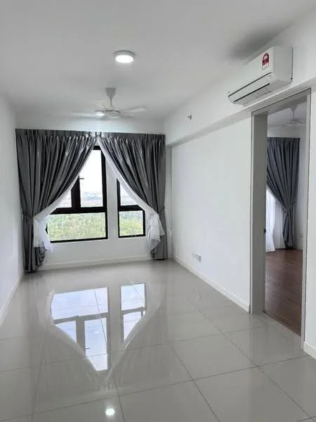 Room features: white painted walls, glossy ceramic tile flooring, 5-blade ceiling fan with light, floor-to-ceiling windows, grey curtains, air conditioning unit, natural light from windows; style: modern; view: city.