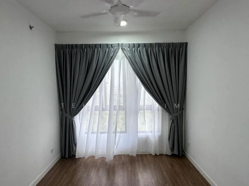 Room features: white painted walls, wooden flooring, 5-blade ceiling fan with light, floor-to-ceiling windows, sheer curtains, grey blackout curtains; style: modern.
