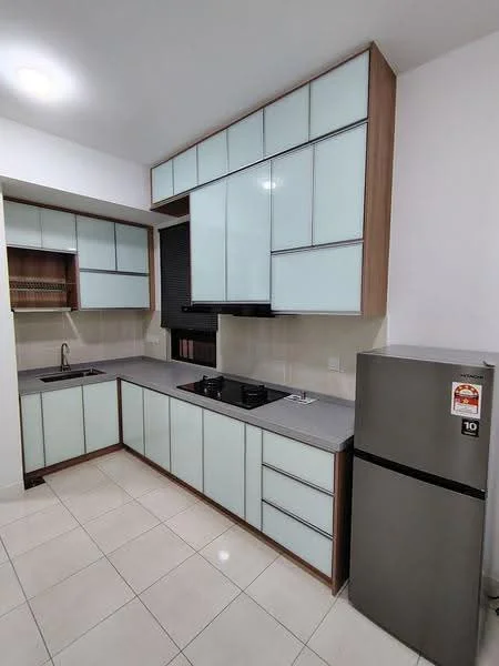 Kitchen features: light blue glass cabinet doors, wooden cabinetry, grey laminate countertop, stainless-steel sink, chrome pull-down faucet, built-in gas hob, black range hood, stainless-steel fridge, white tiled backsplash, white tiled flooring, under-cabinet lighting; style: modern.