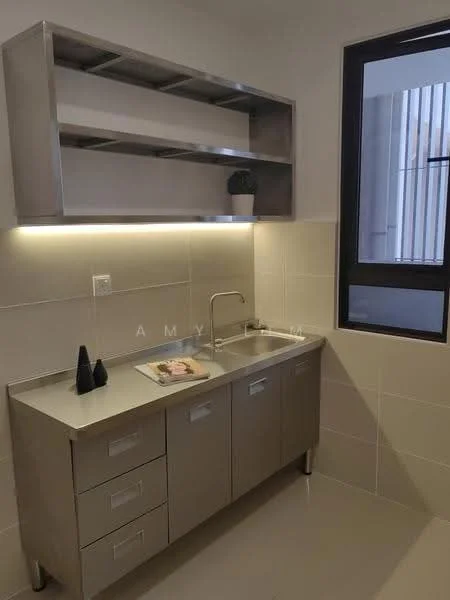 Kitchen features: stainless-steel sink, chrome pull-down faucet, laminate countertop, grey cabinetry with drawers, open shelving above countertop, wall-mounted light fixture, tile backsplash, neutral wall color, floor-to-ceiling window, decorative plant on shelf; style: modern.
