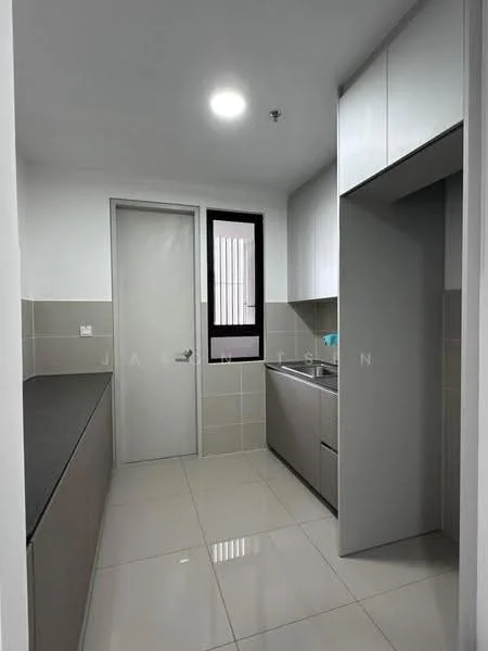 Kitchen features: grey cabinetry, white countertop, single-bowl stainless-steel sink, chrome pull-down faucet, built-in oven, ceramic tile flooring, white walls, recessed LED downlights, window with black frame, sliding door, kitchen island, open shelving; style: modern.