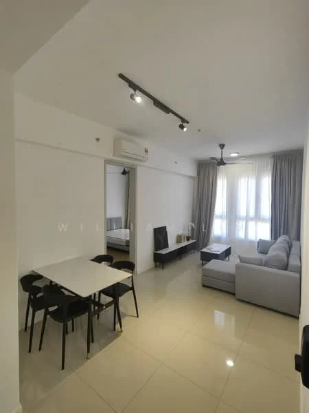 Living features: light grey fabric sofa, black coffee table, wall-mounted TV, TV console, 5-blade ceiling fan with light, recessed downlights, cream painted walls, glossy beige tile flooring, floor-to-ceiling windows with sheer curtains, curtains, open layout to dining area; style: modern. Dining features: white dining table for 4, black dining chairs, open layout to living area; style: modern.