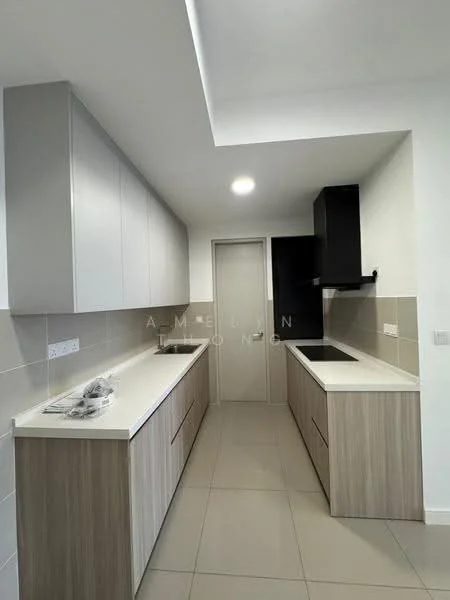 Kitchen features: white upper cabinets, wood lower cabinets, quartz countertop, single-bowl stainless-steel sink, chrome pull-down faucet, built-in range hood, black cabinetry, tile backsplash, recessed downlights, ceramic tile flooring, neutral wall color, door leading to hallway; style: modern.