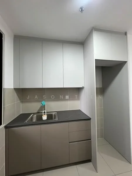 Kitchen features: single-bowl stainless-steel sink, chrome pull-down faucet, grey laminate cabinetry, white upper cabinets, black granite countertop, tile backsplash in beige, ceramic tile flooring, recessed downlights; style: modern.