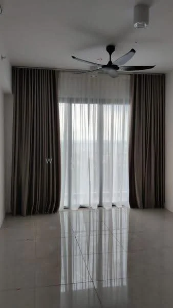 Room features: floor-to-ceiling windows, sheer curtains, dark brown curtains, 5-blade ceiling fan, polished tile flooring, white painted walls, recessed ceiling lights; style: modern; view: city.