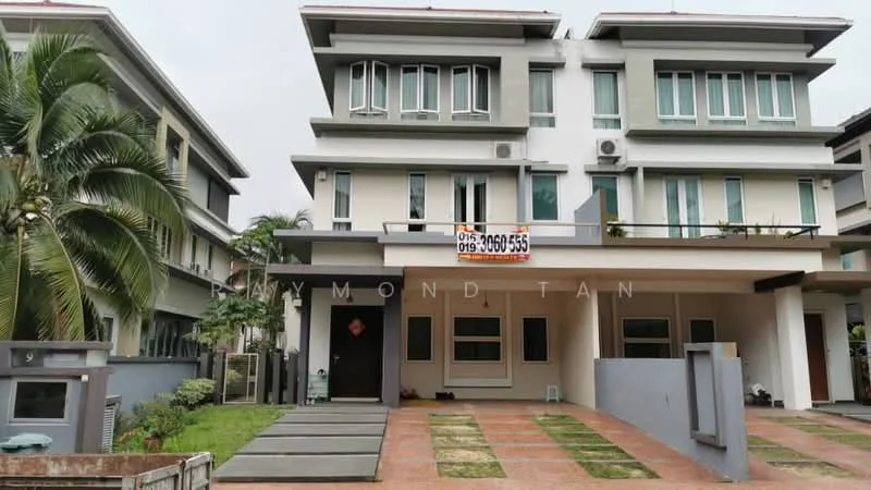Exterior type: semi-detached house; features: white painted facade, flat roof, two-storey building, manicured lawn, paved driveway, multiple windows, balcony on upper floor, air conditioning units visible, decorative entrance with feature wall, landscaped garden area; style: modern.