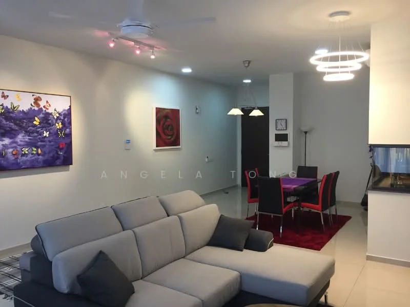 Living features: L-shape sectional sofa in grey, area rug in red, coffee table, wall-mounted TV, pendant lighting, 5-blade ceiling fan with light, white painted walls, tile flooring, decorative artwork, dining table with black and red chairs; style: modern.