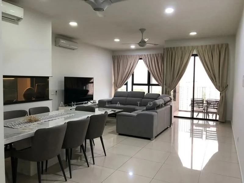 Living features: grey L-shape sectional sofa, coffee table, wall-mounted TV, dining table with 6 grey upholstered chairs, floor-to-ceiling windows, sheer curtains, recessed LED downlights, ceiling fan, white painted walls, cream tiled flooring; style: modern; view: city.