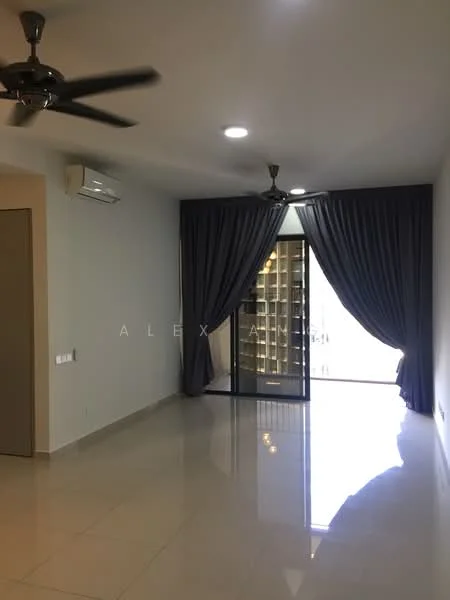 Living features: white painted walls, polished ceramic tile flooring, 5-blade ceiling fan, wall-mounted split AC, floor-to-ceiling sliding glass door, dark grey curtains, recessed downlights; style: modern.