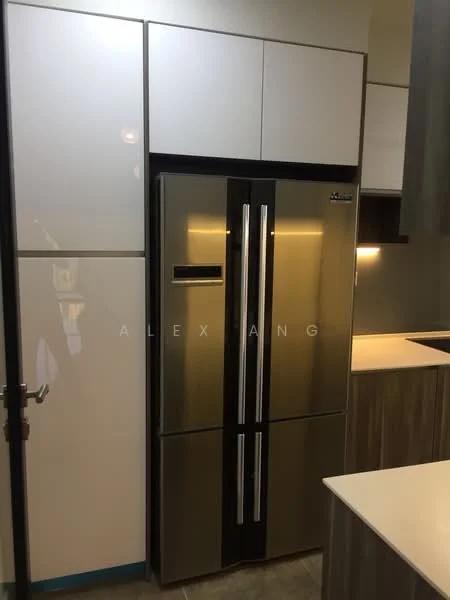 Kitchen features: stainless-steel fridge, white cabinetry, wood cabinetry, countertop with integrated sink, under-cabinet lighting, modern design, tile flooring, built-in appliances; style: modern.