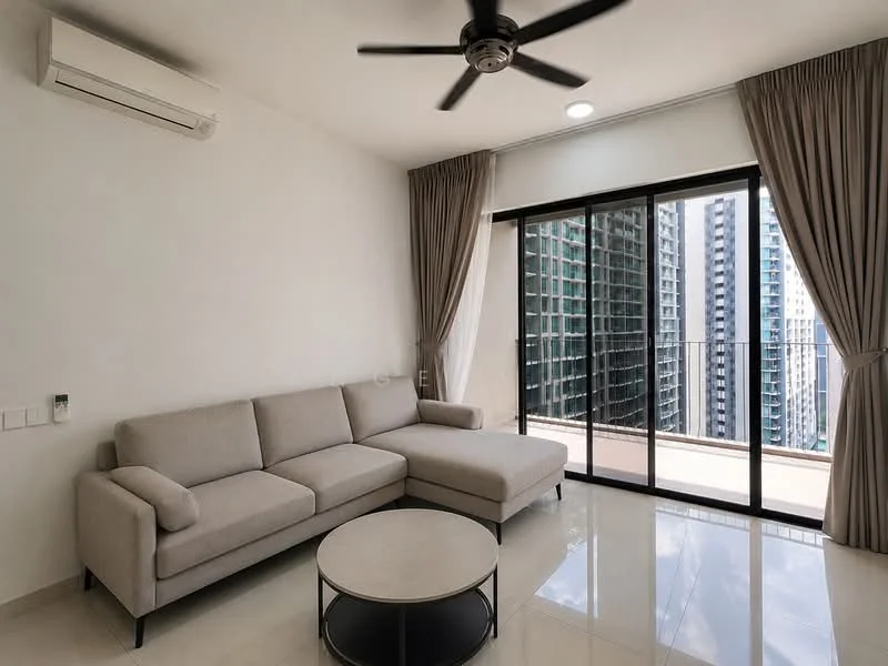 Living features: 3-seater fabric sofa in light grey, round coffee table with black base, floor-to-ceiling sliding glass door, curtains in light beige, wall-mounted split AC, recessed ceiling lights, polished tile flooring, ceiling fan with 3 blades; style: modern; view: city.