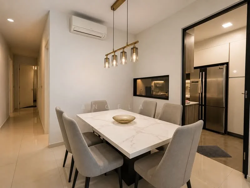 Dining features: marble dining table, 6 upholstered dining chairs in grey, 3-bulb pendant light fixture, wall-mounted split AC, cream painted walls, tile flooring, open layout to kitchen, recessed ceiling lights; style: modern. Hallway features: cream painted walls, tile flooring, doorway leading to kitchen, doorway leading to bedrooms.